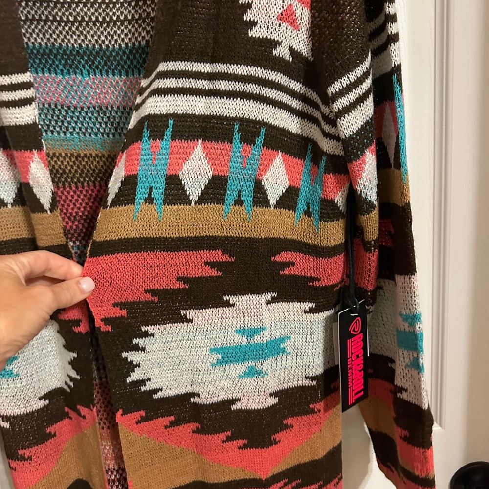 Rock & Roll Cowgirl Aztec Print long cardigan with hoodie - Picture 2 of 6
